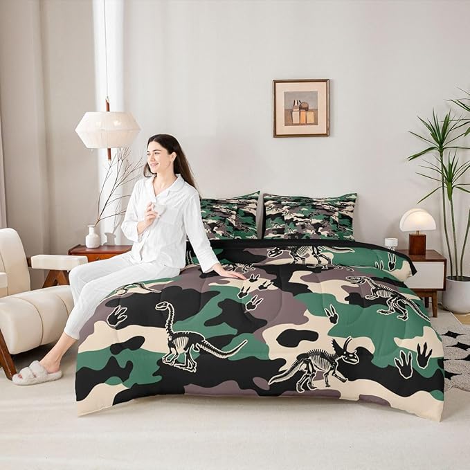 Erosebridal Army Camouflage 7 Piece Bedding Set King Camo Dino Comforter Set with Sheets 3D Vintage Hunting Theme Bed in a Bag Dinosaur Skeleton Farmhouse Green Bed Sets Comforter