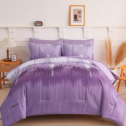 WONGS BEDDING Comforter Set Queen, Ombre Purple 7 Pieces Bed in a Bag Colorful Abstract Art Gradient Comforter Soft Microfiber Bedding Set with Flat Sheet, Fitted Sheet, Pillow Shams, Pillowcases