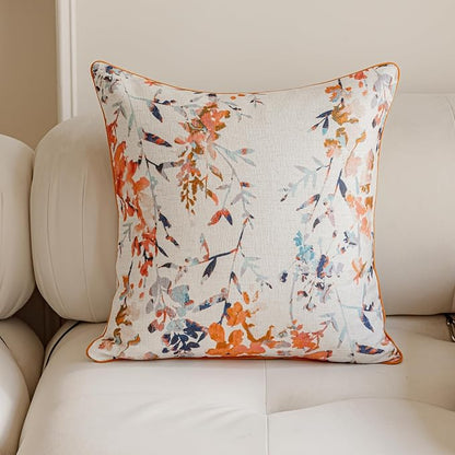 Throw Pillow Covers with Insert Included, with Embroidered Detail, 18 x 18 inches, Decorative Throw Pillow for Sofa Couch Bed (Orange Floral, 18" L x 18" W)
