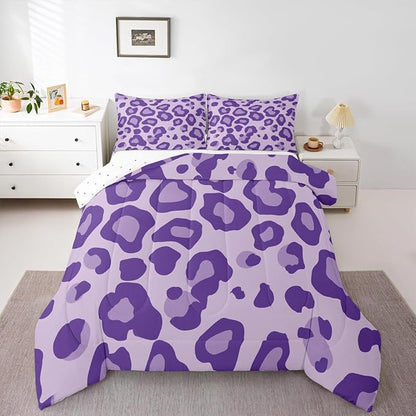 Erosebridal Purple Leopard Queen Comforter Set for Kids Teens Adults,African Cheetah Print Bedding Set,Farmhouse Rustic Duvet Insert,Wild Animal Skin Bed Set for All Season