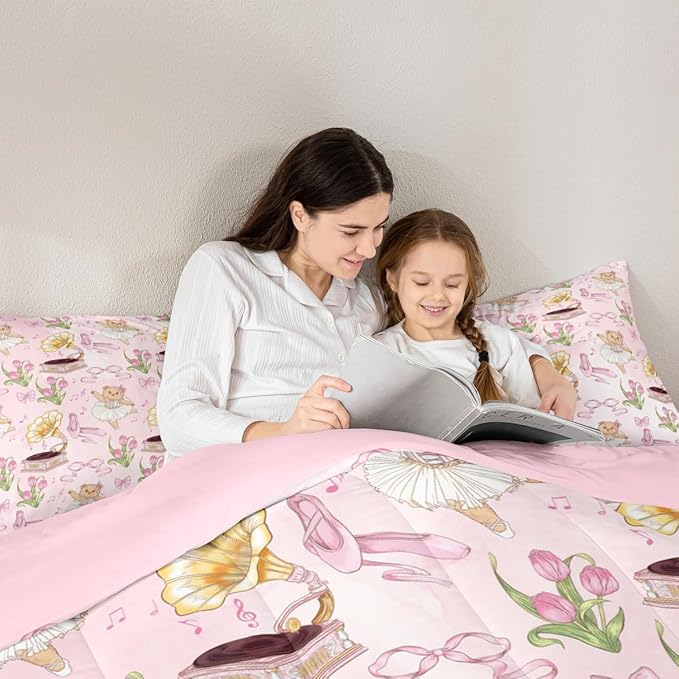 Pink Bowknot Comforter Set Full Size,Ballet Shoe Bow Tie Cute Bear Kids Bedding Set,Music Note Tulip Quilt Comforter,Princess Duvet Insert,2 Pillowcases