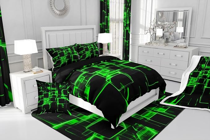 Erosebridal Fluorescent Green and Black Kids Comforter Set, Modern Geometric Square Bedding for Boys Girls Gradient Neon Light Honeycomb Duvet Set Queen 3 Pieces