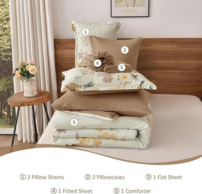 DJY Floral Comforter Set Queen Size 7 Pieces Cream & Warm Yellow Floral Bed in a Bag with Flower Leaves Pattern, Soft Microfiber Botanical Comforter and Sheet Set All Season Bedding Set(90''x90'')