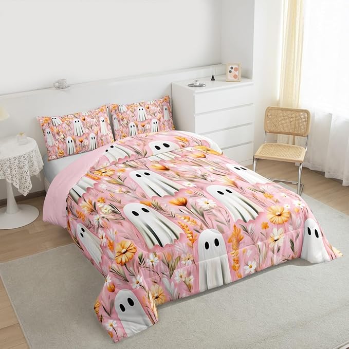 Erosebridal Girls Halloween Ghost Queen Comforter Set, Bohemian Halloween Decor Bedding Set for Kids Teens Women Bedroom Decor, Boho Floral Comforter, Blossom Flowers Quilt 3 Piece