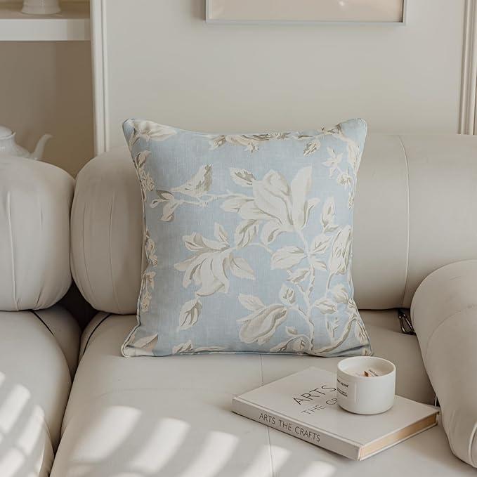 Throw Pillow Covers with Insert Included, with Embroidered Detail, 18 x 18 inches, Decorative Throw Pillow for Sofa Couch Bed (Light Blue Floral, 18" L x 18" W)