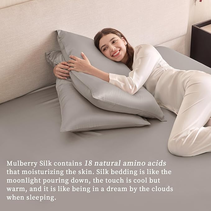 THXSILK 6A+ Top Grade 100% Pure Mulberry Silk Full Fitted Sheet 3Pcs Set Bed Sheets Luxury Bedding for Hair and Skin Breathable Cooling Natural Materials, 1 Fitted Sheet with 2 Pillowcases, Grey