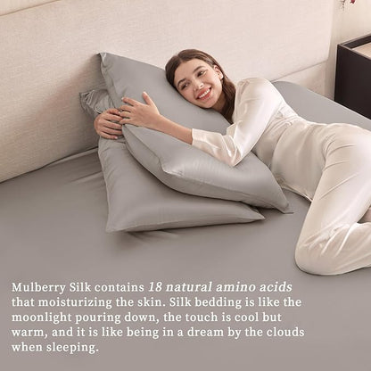 THXSILK 6A+ Top Grade 100% Pure Mulberry Silk Twin Fitted Sheet 3Pcs Set Bed Sheets Luxury Bedding for Hair and Skin Breathable Cooling Safe Material, 1 Fitted Sheet with 2 Pillowcases, Grey