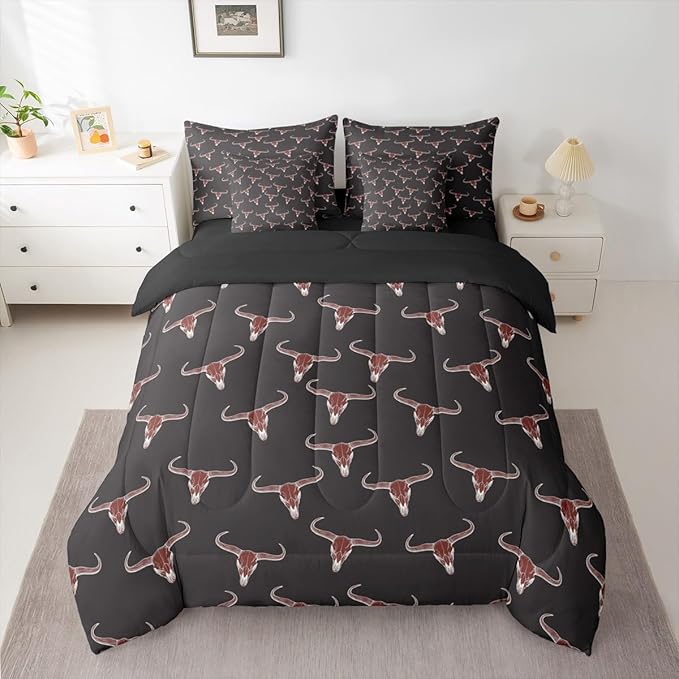 Erosebridal Bull Skull 7 Piece Comforter Set Twin Ethnic Bohemian Bedding for Men Boys | Tribal Steer Skull Wildlife Aztec Bedroom Decor Farmhouse Cabin Lodge Sheet Set with Comforter,Black Red