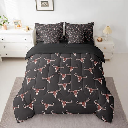 Erosebridal Bull Skull 7 Piece Comforter Set Twin Ethnic Bohemian Bedding for Men Boys | Tribal Steer Skull Wildlife Aztec Bedroom Decor Farmhouse Cabin Lodge Sheet Set with Comforter,Black Red