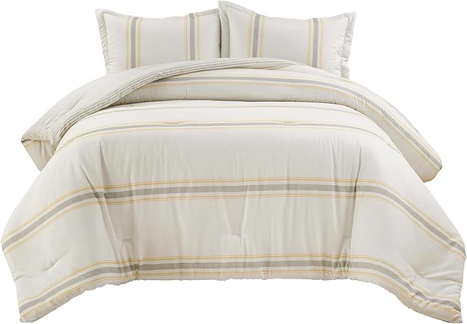 Lush Decor Farmhouse Stripe Reversible Cotton Comforter Set, 3 Piece Set, King, Yellow & Gray - Cozy Farmhouse Bedding Set - Rustic Decor - Striped Comforter - Modern Farmhouse Bedroom Decor