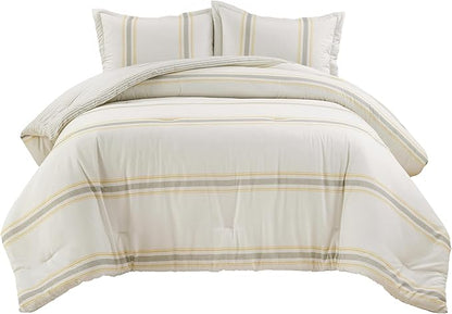 Lush Decor Farmhouse Stripe Reversible Cotton Comforter Set, 3 Piece Set, King, Yellow & Gray - Cozy Farmhouse Bedding Set - Rustic Decor - Striped Comforter - Modern Farmhouse Bedroom Decor
