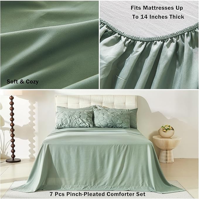 Cmfshape Green Pinch Pleat Comforter Set Queen Size-7 Pieces Bedding Comforter Bed in A Bag-Lightweight Microfiber Bedding Set with Comforter,Fitted Sheet,Flat Sheet and Pillow Shams-90 x90