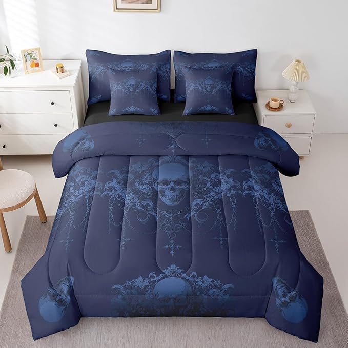 Erosebridal Gothic Bed in a Bag Queen Comforter Set 7 Piece,Goth Sugar Skull Blue Damask Bedding Set,Bohemian Vintage Floral Comforter and Sheet Set,Exotic Antique Victorian Baroque Decor