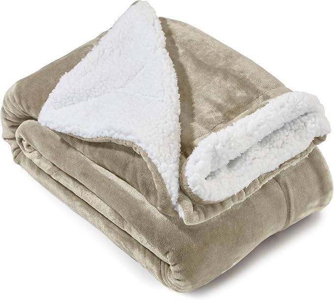 Genteele Sherpa Throw Blanket Super Soft Reversible Ultra Luxurious Plush Blanket, 60 x 70 inches, Taupe/White