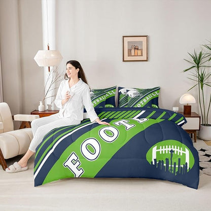 Erosebridal Football Comforter Set Full Size Bed in A Bag, 7 Pieces Football Bedding with Sheets, Navy Green Comforter + Flat Sheet + Fitted Sheet + 2 Pillowcases + 2 Throw Pillow Covers