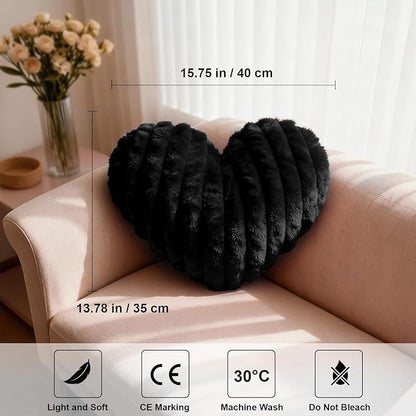2 Pcs Black Heart Throw Pillows, 16 Inch Soft Fluffy Heart-Shaped Comfort Pillows with Calming Texture, Hug Pressure for Relaxing Moments, Ideal for Sofa, Reading, and Naps (Black)