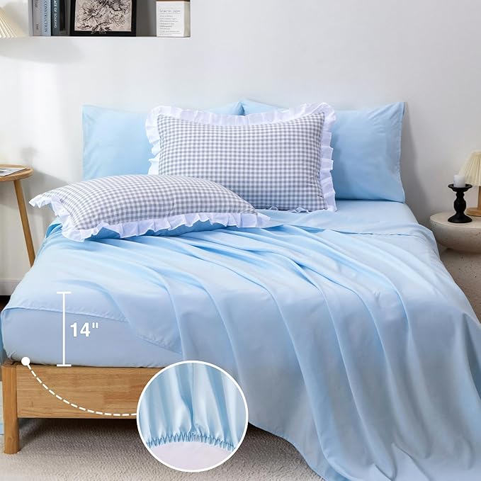 A Nice Night Comforter Twin Size,Blue Ruffle Comforter for Dorm Room Essentials for Twin Bed,Plaid Checkered Chic Bedding Bed in a Bag for Girls