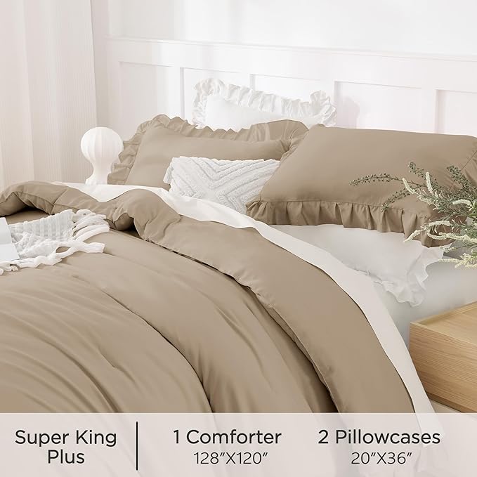 Andency Oversized King Comforter Set 128x120, 3 Pieces Taupe Ruffle Shabby Chic Famhouse Bedding Set for Women, Lightweight Fluffy Super King Plus Bed Set for Girls