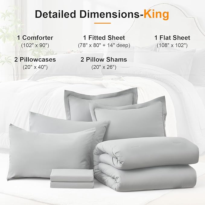 King Size Comforter Set 7 Pieces - Soft Bed in a Bag King Bed Set, Cozy Luxury Bedding Sets with All Season Comforter, Flat Sheet, Fitted Sheet, 2 Pillowcases & 2 Shams, Light Gray