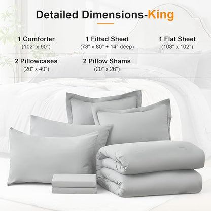 King Size Comforter Set 7 Pieces - Soft Bed in a Bag King Bed Set, Cozy Luxury Bedding Sets with All Season Comforter, Flat Sheet, Fitted Sheet, 2 Pillowcases & 2 Shams, Light Gray