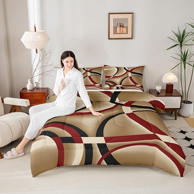 Castle Fairy Retro Circle Comforter Set Queen Size Red Brown Black Bedding Set for Kids Boys Girls Bedroom Decoration Stripe Line Art Bed Duvet Insert Geometric Modern Comforter with 2 Pillowcase