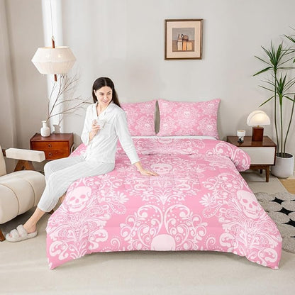 Feelyou Adults Gothic Skull Bedding Set King Size Kids Damask Print Comforter Goth Bohemian Duvet Breathable Soft Lightweight Microfiber Pink White Room Decor with 2 Pillowcases