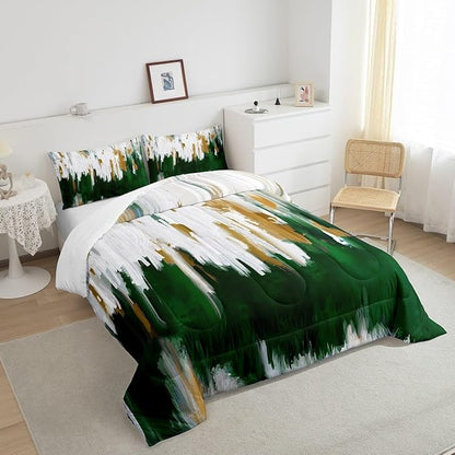 Erosebridal Dark Green Comforter King Watercolor Graffiti Bedding Set, Striped Oil Painting Down Comforter Aesthetic Modern Bed Set, Ombre Brush Marks Contemporary Quilted Duvet