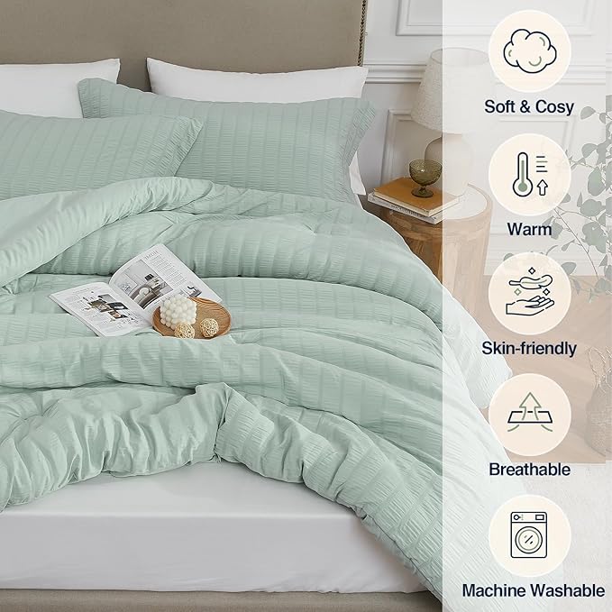 Sage Green Queen Comforter Set - 3 Pieces Seersucker Lightweight Bedding Comforter Sets (1 Soft Fluffy Comforter & 2 Pillowcases) - All Seasons Cozy Rustic Bed Sets for Women Men