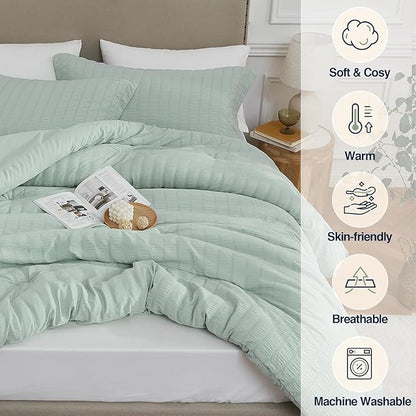 Sage Green Queen Comforter Set - 3 Pieces Seersucker Lightweight Bedding Comforter Sets (1 Soft Fluffy Comforter & 2 Pillowcases) - All Seasons Cozy Rustic Bed Sets for Women Men