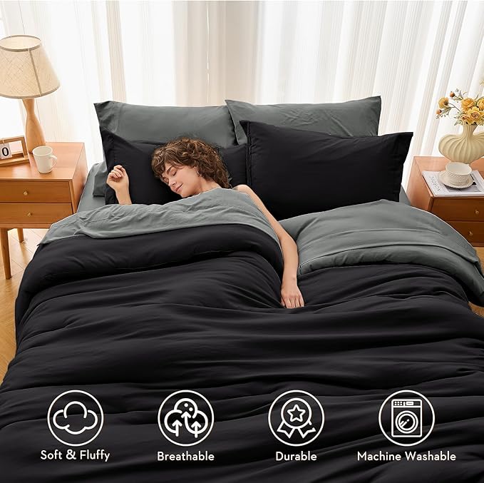 MUXHOMO 7 Pieces Full Comforter Set, Soft Bed in a Bag Full Size, All Season Bedding Set with Comforter, Flat Sheet, Fitted Sheet, Pillowcases & Shams, Black & Grey
