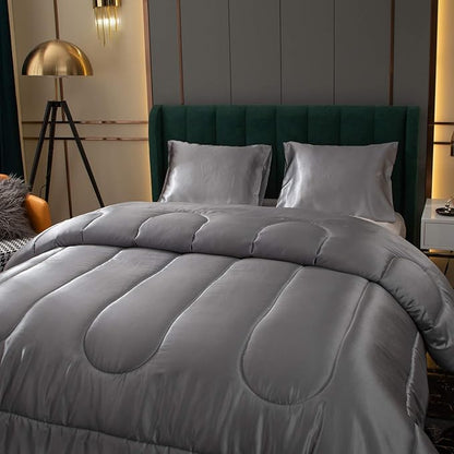 Bedding Dreamer Satin Comforter Queen Size Grey Silky Set with 2 Pillowcases