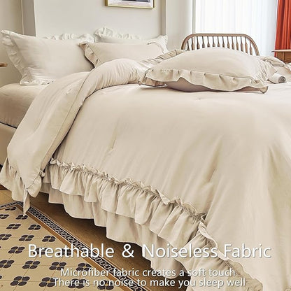 AIKASY Camel Ruffle Comforter Set Queen, 3 Pieces Vintage Ruffle Fringe Comforter, Farmhouse Rustic Microfiber Down Alternative Bedding (1 Comforter + 2 Pillow Shams)