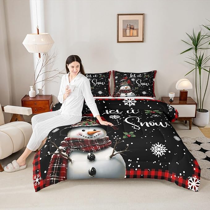 Winter Snowman Comforter Set Full Size,Merry Christmas Bedding Sets 3Pcs for Kids Girls Boys Women Room Decor,Red Black Checkered Down Comforter Northern Cardinal Quilted Duvet,2 Pillowcases