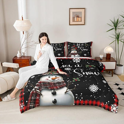 Winter Snowman Bedding Sets Twin Size,Merry Christmas Comforter Set 2Pcs for Kids Girls Boys Women Room Decor,Red Black Checkered Quilted Duvet Northern Cardinal Down Comforter,1 Pillowcase