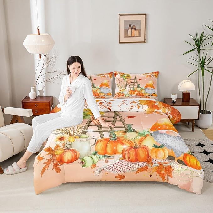 Erosebridal Happy Fall Gnomes Bedding Set Thanksgiving Pumpkin Comforter Set Twin Fall Home Room Decor,Autumn Natural Harvest Season Quilt Duvet,Rustic Maple Leaf Sunflower Comforter 1 Pillow Case