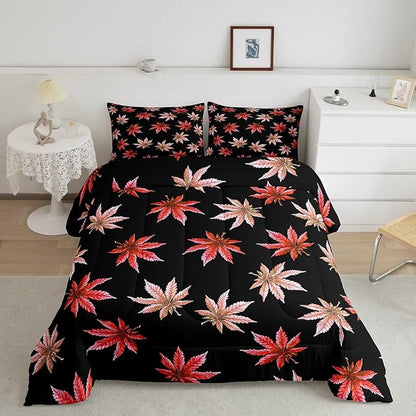 Erosebridal Red Leaves Comforter Set Full, Leaves Bedding for Women Adults,Tropical Botanical Bedding Comforter Sets,Exotic Plant Down Comforter with 2 Pillow Cases