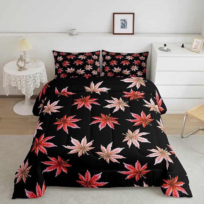 Erosebridal Red Leaves Comforter Set King, Leaves Bedding for Women Adults,Tropical Botanical Bedding Comforter Sets,Exotic Plant Down Comforter with 2 Pillow Cases