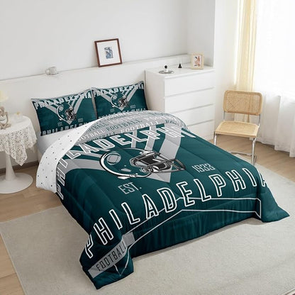 Feelyou Football Bedding Set Boys Girls King Size Rugby Sports Comforter Set Sports Theme Women Men Football City Duvet Quilt Gray Green Room Decor