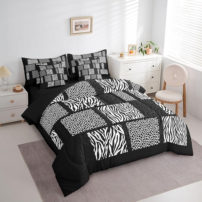 Wildlife Animal Fur Print Comforter Set 7 Pcs,Leopard Cheetah Zebra Skin Comforter Blanket King,Modern Simple Style Bedding Sets with Comforter,Flat Sheet,Fitted Sheet,Pillowcases and Pillow Covers