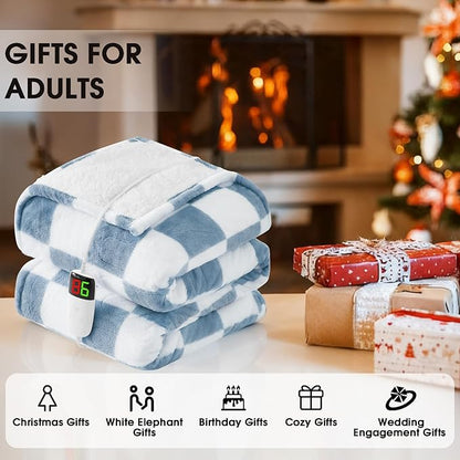 Heated Electric Blanket Throw, 50X60 Heating Blanket with 10 Heat Levels & 8 Hours Auto Off for Lap, Misty Blue Checkered Plaid Soft Sherpa Blankets Warmer Gifts for Couch Grandma Women Adults