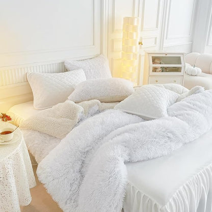 UOZZI BEDDING White Faux Fur Comforter Set King 3 Pieces - 1 White Shaggy Comforter with 2 Pillowcases - Ultra Soft and Easy Care Luxury Plush Warm Winter Duvet Set