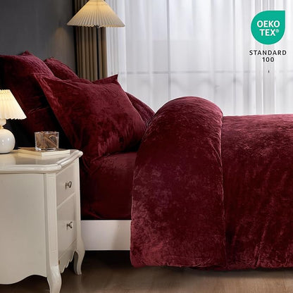 PHF Crushed Velvet Comforter Set King Size, 5-Piece Luxury Winter Bedding Sets with 2 Euro Shams, Heavyweight Warm Fluffy Velvet Bed Spread, Glam Home Decor, Wine Red/Burgundy
