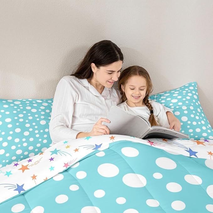 Manfei White Polka Dots Comforter Set,Chic Teal White Geometric Circles Simple Bedding Set for Teens Young Room,French Style Cute Dots Print Quilt Set 3 Pcs with 2 Pillowcases,Full