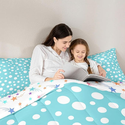 Manfei White Polka Dots Comforter Set,Chic Teal White Geometric Circles Simple Bedding Set for Kids Teens Bedroom,French Style Cute Dots Print Quilt Set 2 Pcs with 1 Pillowcase,Toddler