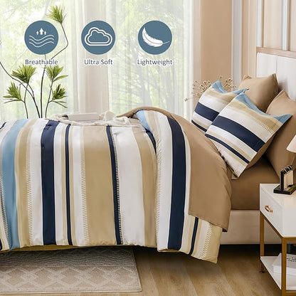 WONGS BEDDING Comforter Queen Size, Khaki and Blue 7 Pieces Comforter for Queen Bed Striped Bed in a Bag Soft Bedding Comforter Set for All Season(90"x90")