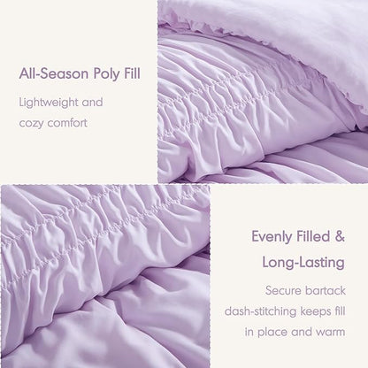 Intelligent Design Queen Comforter Set Ruched Shabby Chic Comforters for Queen Size Bed, All Season Lightweight Purple Ruffle French Country Bedding Set, Shams, Ella, Full/Queen, Lavender 3 Piece