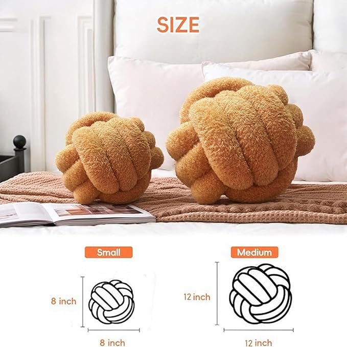 Knot Pillow Ball Plush - Decorative Throw Pillows for Bed Relieve Stress, Round Knot Cushion for Sofa Decor Pet Toy, Khaki 8 inch