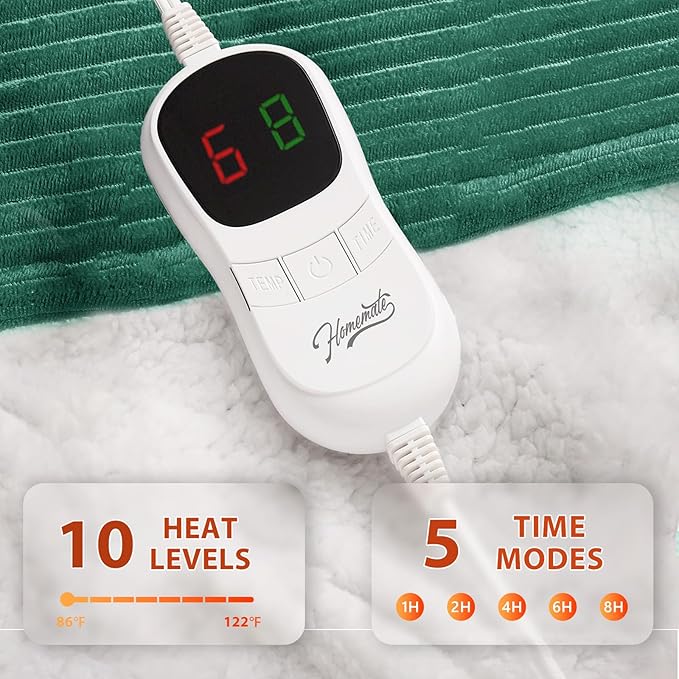 Homemate Heated Blanket Electric Throw - 50"x60" Heating Blanket Throw 1/2/4/6/8 Hours Auto-Off 10 Heat Levels Over-Heat Protection Soft Flannel Sherpa ETL Certification