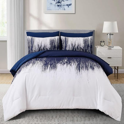 Dinjoy Ombre Blue Comforter Set Cal King Size Gradient Navy Blue White Boho Bedding Set