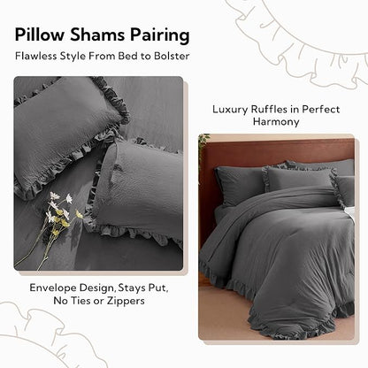 MR&HM Dark Grey Comforter Set Twin for Girls Women 5 Pieces, Shabby Chic Vintage Cottagecore Bed Sets Solid Elegance Boho Bed in a Bag, Ultra-Soft & Fluffy Comforter for All Season